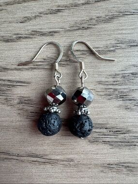 Aromatherapy Sparkly Gray and Black Lava Drop Earrings